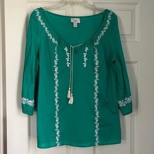LOFT Teal Blouse with White Embroidery